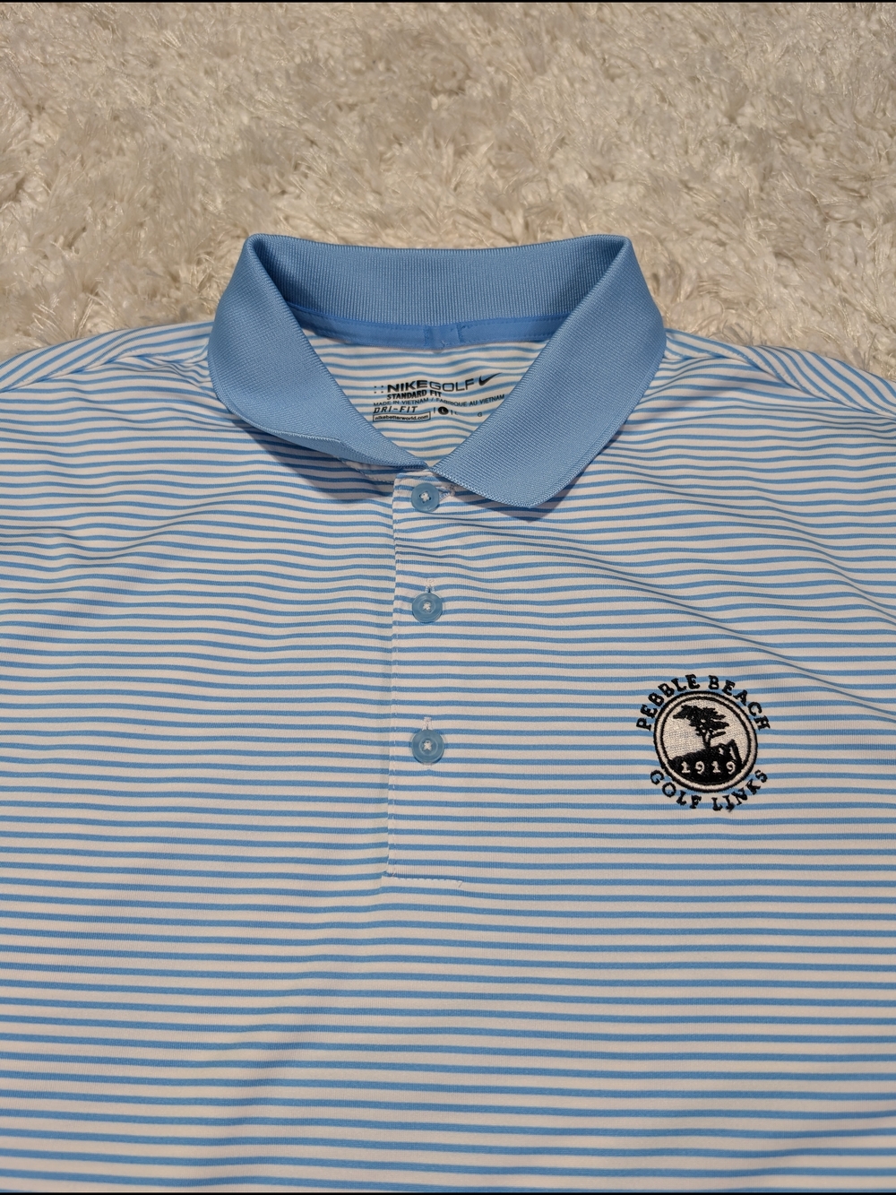 Nike Men's Light Blue Striped Golf Polo - Pebble Beach Logo